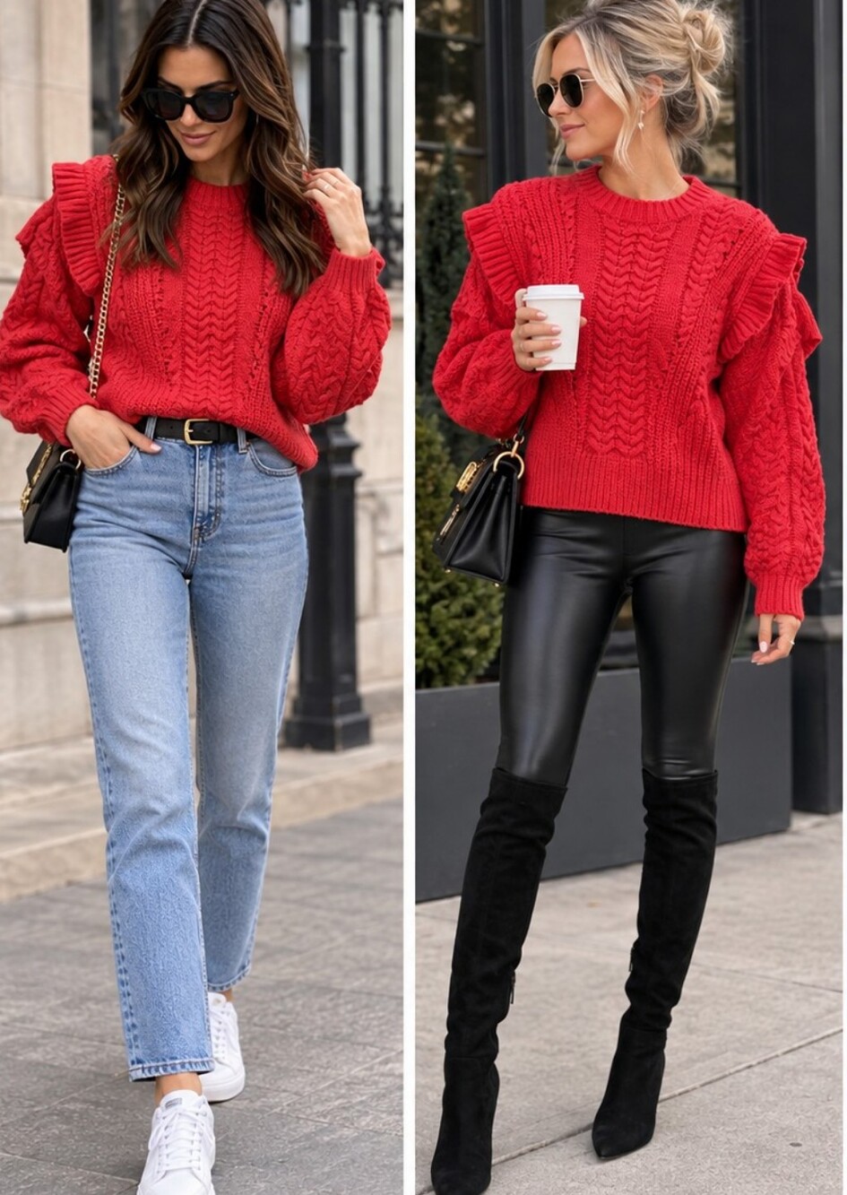 Central Park West Red Cable Knit Ruffle Shoulder Sweater